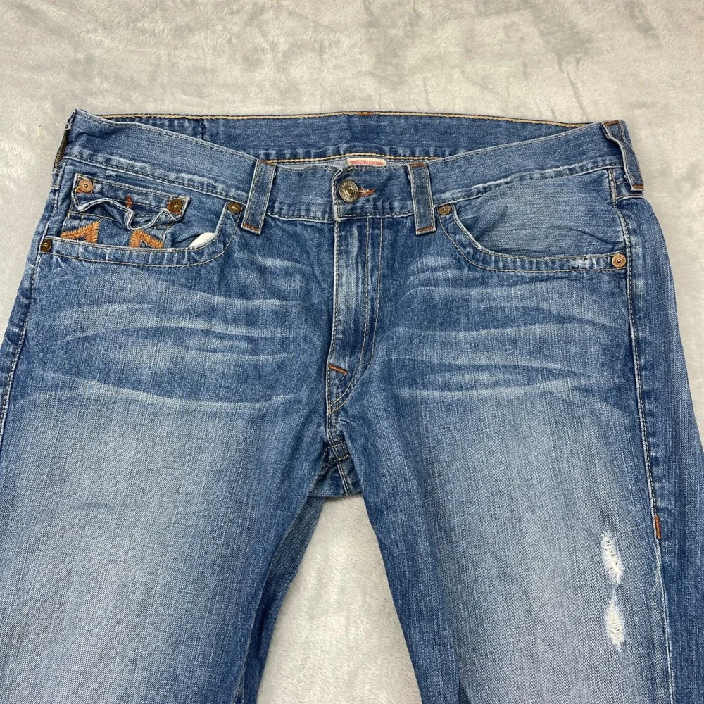 True Religion Straight Leg Jeans Mens 40x32 Blue Medium Wash Distressed Y2K